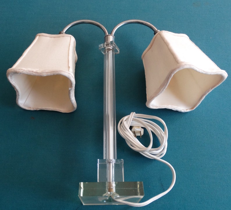Clear Glass /& Silver 2-Light Dual Desk or Table Lamp and Silk Shades Antique Vintage 1940s