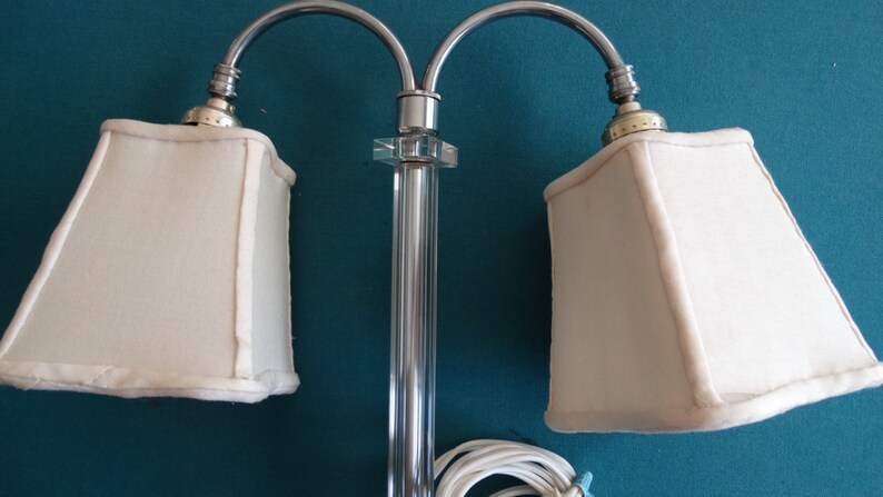 Clear Glass /& Silver 2-Light Dual Desk or Table Lamp and Silk Shades Antique Vintage 1940s