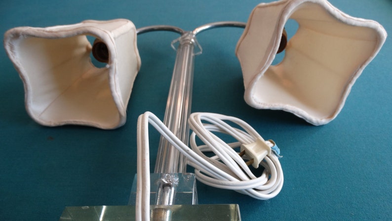 Clear Glass /& Silver 2-Light Dual Desk or Table Lamp and Silk Shades Antique Vintage 1940s