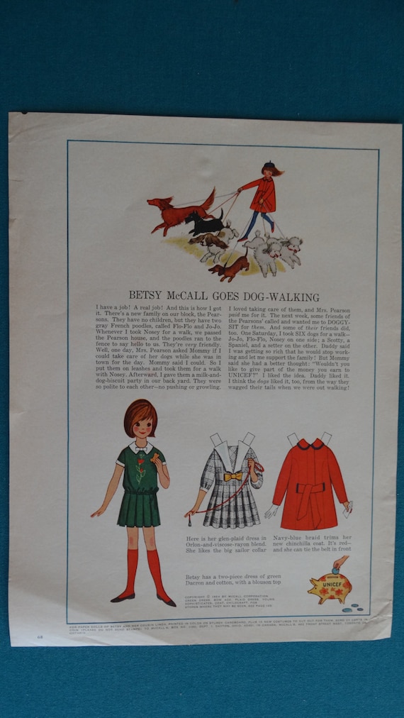 Original Betsy Mccall Paper Doll Magazine Page Titled "betsy Mccall Goes  Dog-walking" From a 1964 Issue of Mccall's Magazine - Etsy