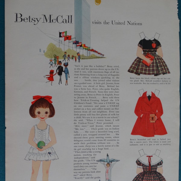 Original Betsy McCall Paper Doll Magazine Page Titled "Betsy McCall Visits the United Nations" From a 1959 Issue of McCall's Magazine copy 2