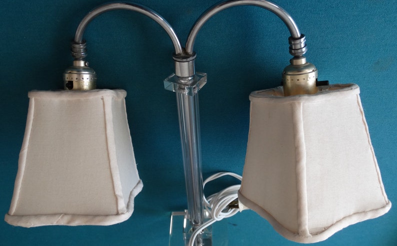 Clear Glass /& Silver 2-Light Dual Desk or Table Lamp and Silk Shades Antique Vintage 1940s