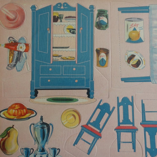 Original Paper Doll House Punch-Outs Kitchen Items Never Used with Kitchen Table & Chairs