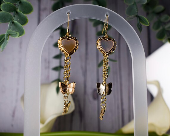thumbnail interactive-video image 1 of JEYFEL XOIA PREMIUM Gold Plated Drop Dangle Earrings – 3 Color Hearts, Butterfly, Flowers, Leverback 1 of 5