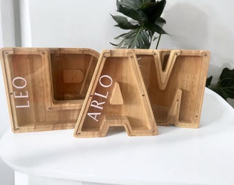 Personalized Wooden Letter Money Box, Baby Keepsake Gift