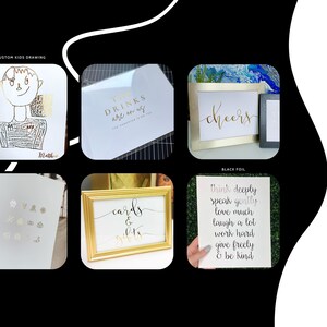 May include: A collection of six framed prints with gold foil lettering. The prints feature various designs, including a custom kids drawing, a quote about drinks, the word "cheers", a quote about kindness, the words "cards & gifts", and a collection of small gold foil designs.