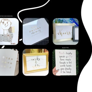 May include: A collection of six framed prints with gold foil lettering. The prints feature various designs, including a custom kids drawing, a quote about drinks, the word "cheers", a quote about kindness, the words "cards & gifts", and a collection of small gold foil shapes.