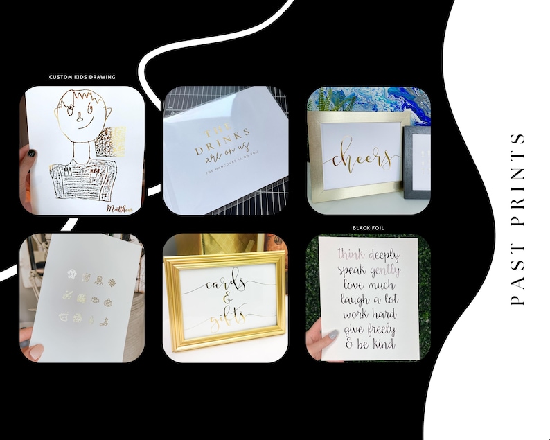 May include: A collection of six framed prints with gold foil lettering. The prints feature various designs, including a custom kids drawing, a quote about drinks, the word "cheers", a quote about kindness, the words "cards & gifts", and a collection of small gold foil shapes.