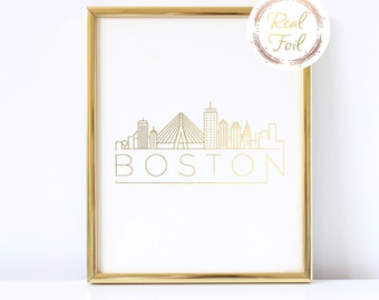 Boston Skyline Gold Foil Print Gift Christmas GiftHousewarming Gift Wall Art Decor Modern Print Boston Cubicle Decoration