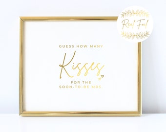 Gold Foiled Bridal Shower Sign Guess How Many Kisses For The Mrs Bridal Shower Game, Bridal Shower Minimalist Prints BS3