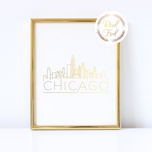 Impresión del horizonte de Chicago Regalo de Navidad para ella Arte de pared del mapa de Chicago laminado en oro, Arte de pared del horizonte de Chicago, Horizonte minimalista moderno