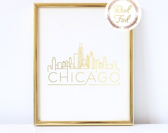 Chicago Skyline Print Christmas Gift For Her Gold Foiled Chicago Map Wall Art, Chicago Skyline Wall Art, Modern Minimalist Skyline