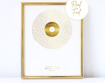 Music Art Lyrics Print Gold Foil Record Print - Gift for Husband or Wife for Birthday or Anniversary First Dance Song Lyrics Custom Print