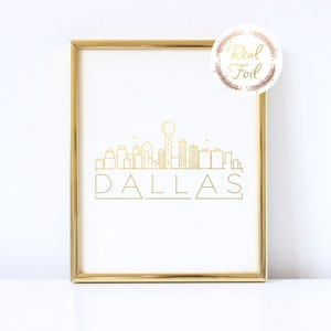 Dallas Skyline Goldfolie Wand Kunst Druck Dallas Weihnachtsgeschenk für sie Housewarming Geschenk Texas Wohnkultur moderne minimalistische Gold Büro Karte