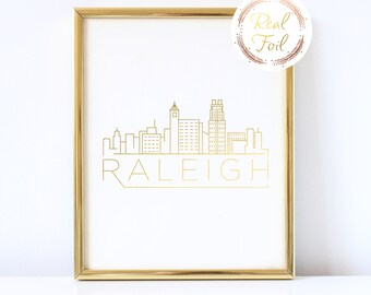 Raleigh Skyline Gold Foil Print Christmas Gift, Raleigh NC Wall Art Decoration, Raleigh Modern Print, Housewarming Gift