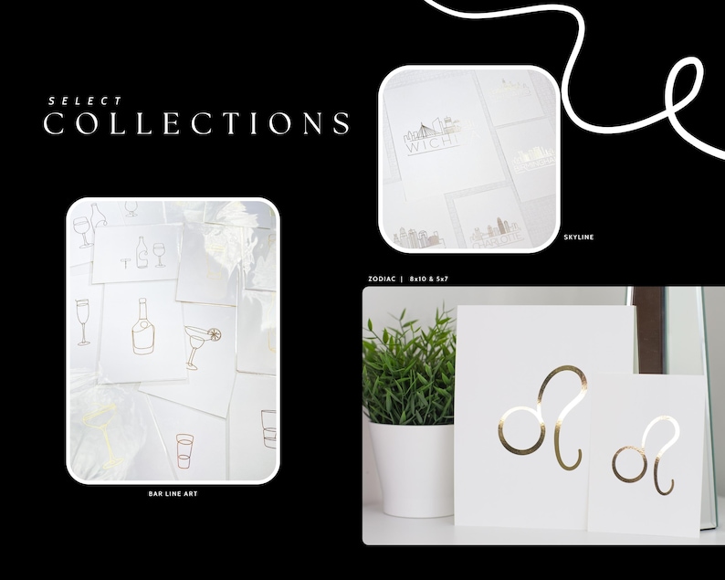 May include: A collection of greeting cards featuring various designs, including bar line art, zodiac signs, and city skylines. The cards are printed on white cardstock and feature gold foil accents.