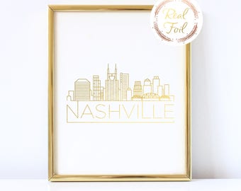 Nashville Skyline Goldfolie Druck, Weihnachtsgeschenk Housewarming Geschenk Wand Kunst Dekor Moderner Druck Nashville Art Nashville Druck