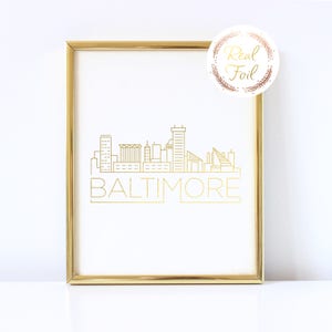 Impressão em folha de ouro da Baltimore Art, presente de Natal em Baltimore, impressão do horizonte de Baltimore, decoração de parede em Baltimore, decoração moderna para casa