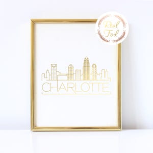 Charlotte NC Art, Gold Charlotte Skyline Print, Gold Foiled Wall Art, Charlotte Map Housewarming Gift, Charlotte Christmas Gift