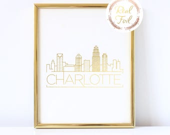 Charlotte NC Art, Gold Charlotte Skyline Print, Gold Foiled Wall Art, Charlotte Map Housewarming Gift, Charlotte Christmas Gift