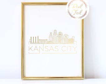 Kansas City Gold Foiled Print Skyline Wall Art, Kansas City Christmas Gift For Her Kansas City Art Apartment Decor Office Decoration