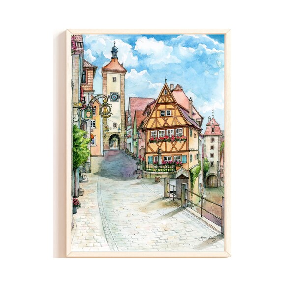 Rothenburg druckbare Malerei, Deutschland Architektur Wandkunst, Europa Reise Aquarell Poster, Urban Skizze, handgemalt, Sofort download