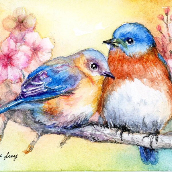 Eastern blue birds watercolor painting original, ACEO Blue Birds watercolor, Forest animal art card, ACEO Birds illustration, Miniature art