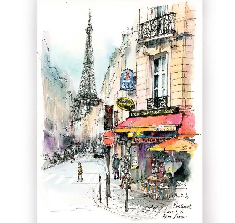 Cafe in Paris Watercolor Painting Original Pen Drawing Etsy