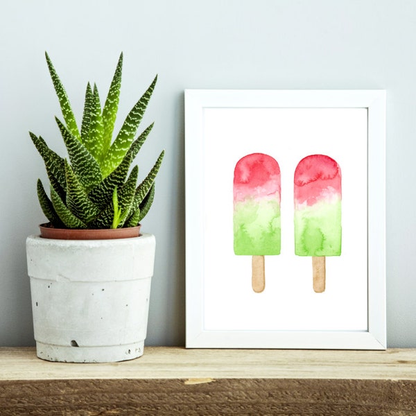 Popsicle Original Illustration, Original Watercolor Painting, Cherry and Lime, Food Art, Kids Room, Whimsical Gift 8x10