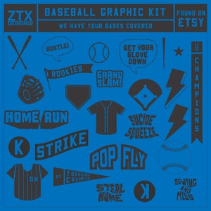Può includere: Uno sfondo blu con grafica a tema baseball in bianco e nero. La grafica include una mazza da baseball, un guanto da baseball, una palla da baseball, un campo da baseball, una maglia da baseball, un cappello da baseball e testo che dice "Hustle!", "Rookies", "Home Run", "Strike", "Grand Slam!", "Get Your Glove Down", "Suicide Squeeze", "Pop Fly", "Steal Home", "Swing and Miss", "Tournament Champions" e "Champions".