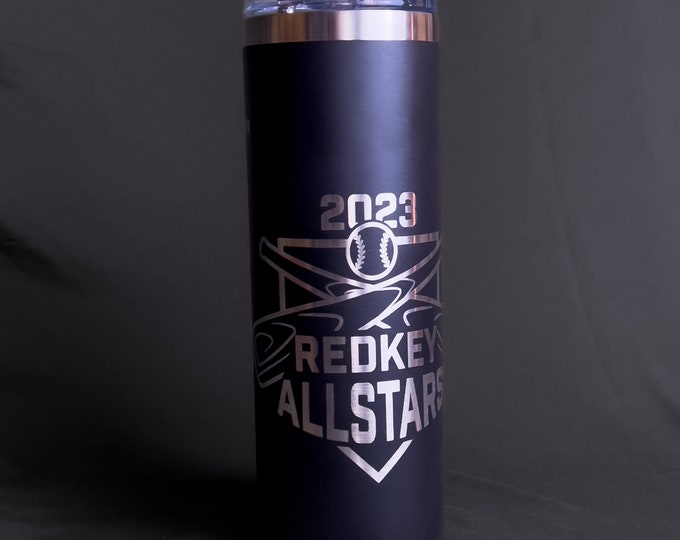 Personalized 20 oz Skinny Tumblers with laser engraved youth sports team and player numbers