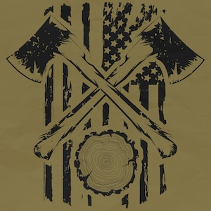 May include: A black and white illustration of two crossed axes with a wood grain pattern on the handles. The axes are superimposed over a distressed American flag design with a wood grain circle in the center.