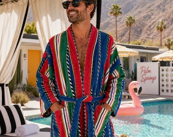 Vintage Striped Terry Cloth Robe Mens Size OS Nautical Preppy Coastal Lounger