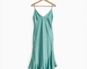 VTG. Satin Slip Dress Nightgown Womens L Teal Fairy Coquette Maxi Feminine USA