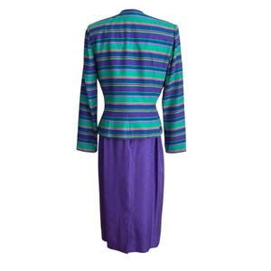 VtG. 90s Adrianna Papell Silk Skirt Suit 2 Pc Set Purple Teal Striped Size 6 afbeelding 5