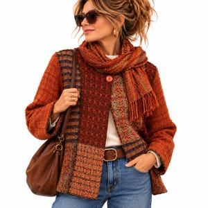 May include: A textured, multi-patterned jacket in shades of burnt orange, rust, and brown, featuring a single button closure, paired with a matching fringed scarf, blue denim jeans, and a brown leather shoulder bag with gold hardware.