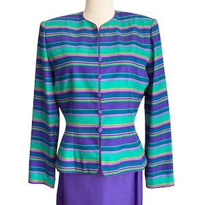 VtG. 90s Adrianna Papell Silk Skirt Suit 2 Pc Set Purple Teal Striped Size 6 afbeelding 3