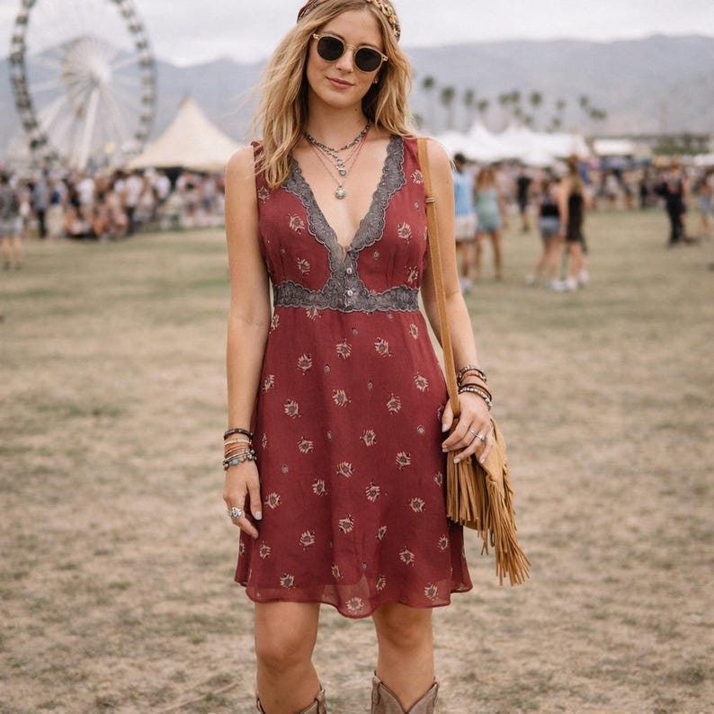Vintage Free People Babydoll Floral Lace Trim Empire Waist Midi Dress Medium Y2K image 3
