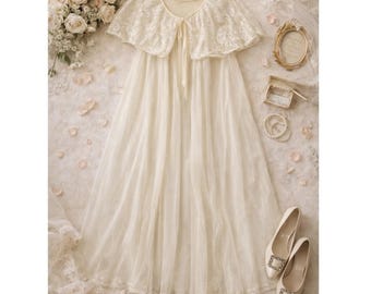 VTG 60s Leonora Lace Nylon Peignoir Robe 12 Ivory Sheer Bridal Boudoir Romantic