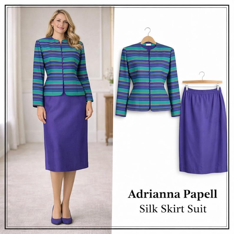 VtG. 90s Adrianna Papell Silk Skirt Suit 2 Pc Set Purple Teal Striped Size 6 afbeelding 1