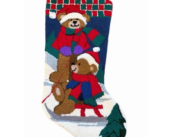 Christmas Needlepoint Stocking Teddy Bears Sledding Holiday Mantel Decor NEW