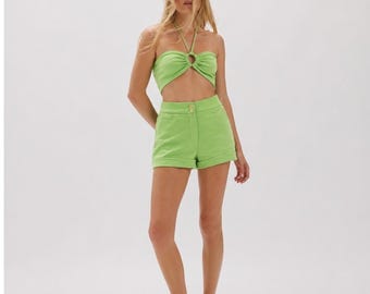 Vintage 70s Sears Lime Green 2 Piece Set Womens Size 13 Halter Top Shorts Bratz