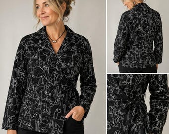 Marimekko Mika Piirainen Dog Print Wrap Blouse Top Womens 14 Black White Artsy