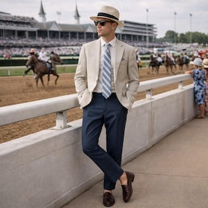 May include: A man in a beige blazer, blue pants, and a white shirt with a blue striped tie, wearing a straw hat and sunglasses. He is standing near a racetrack, with horses and spectators in the background. The outfit includes brown leather loafers.