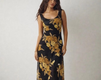 Black Gold Floral Beaded Dress Midi Elegant Evening Wedding Guest Size 12 VTG