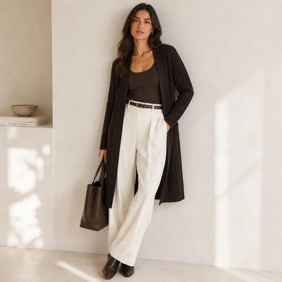 Talbots Cable Knit Longline Cardigan M Petite Chocolate Brown Cashmere Blend