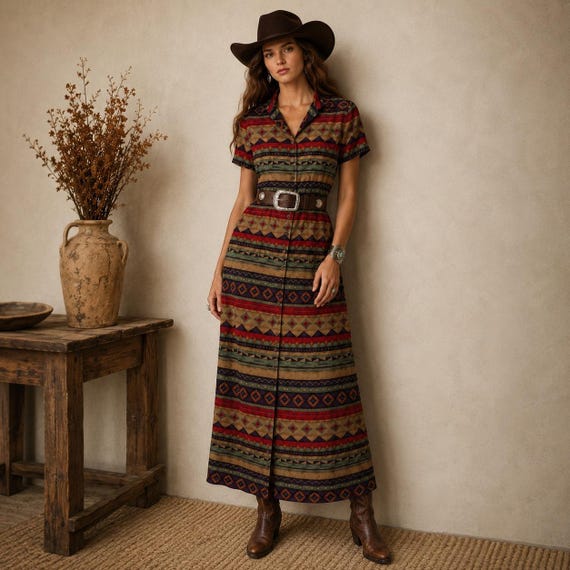 VTG J. Stevens Carol Escritor Southwestern Dress 8 Western Boho Chic Festival View 5