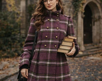 Vintage Y2K Purple Plaid Pea Coat Double Breasted Wool Blend Poetcore Size XL