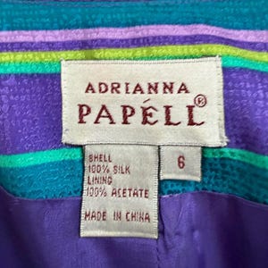 VtG. 90s Adrianna Papell Silk Skirt Suit 2 Pc Set Purple Teal Striped Size 6 afbeelding 7