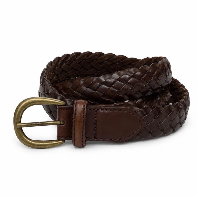 VTG Brighton Braided Woven Leather Belt Men 40 Brown Brass Buckle Casual Classic image 1